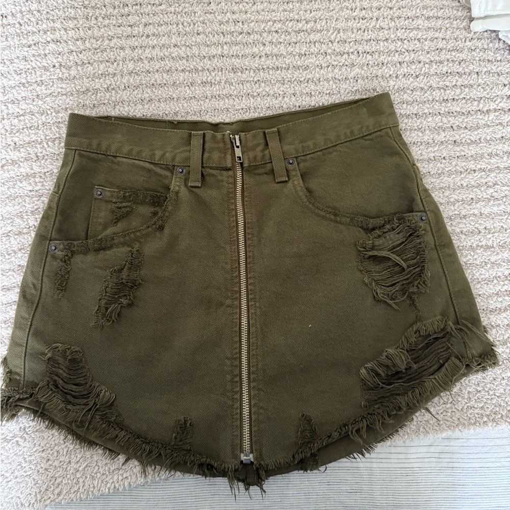 LF Olive Distressed Mini Skirt